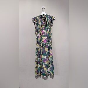 New Nina Leonard floral midi dress smocked mock neck ruffled cap sleeve Women S